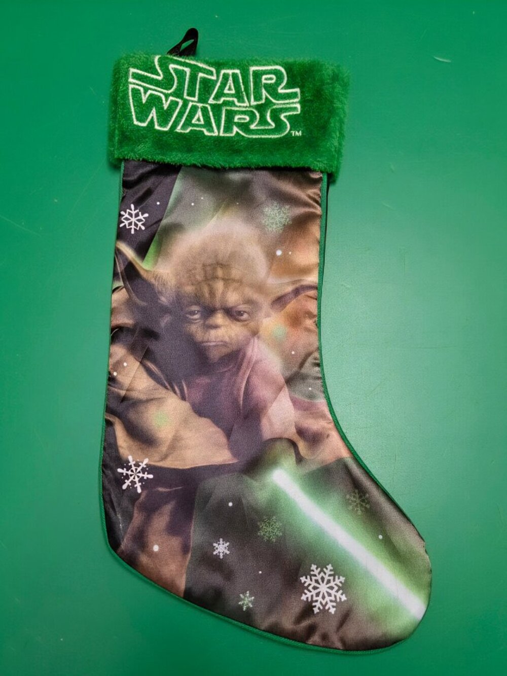 NWOT Star Wars Yoda Christmas Stocking Lightsaber Green Plush Satin Holiday